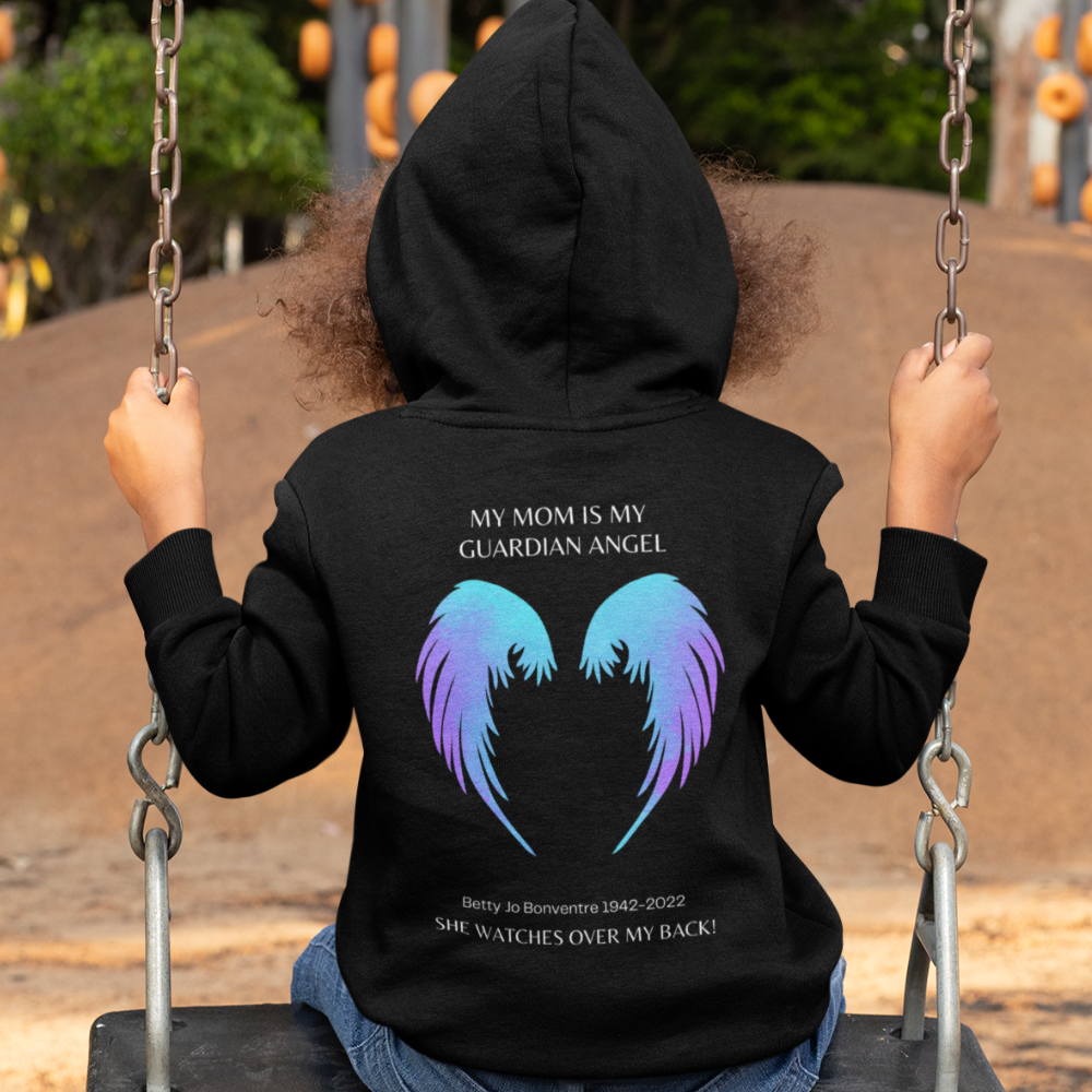 MY MOM IS MY GUARDIAN ANGEL Customize Name and Date Pullover Hoodie, Remembrance Gift,Memorial Gift, Loss of a loved one Angel Wings